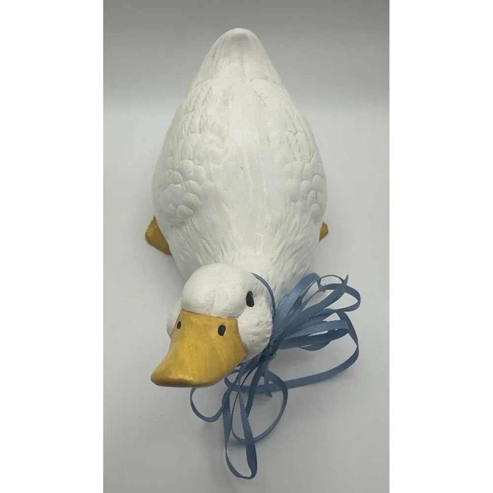 Vintage Ceramic Goose Figurine Blue Ribbon Bow Farmhouse Country Decor 4.5x8